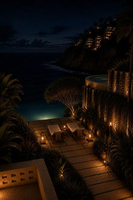 Casa Acapulco: velas frente al mar durante la noche
