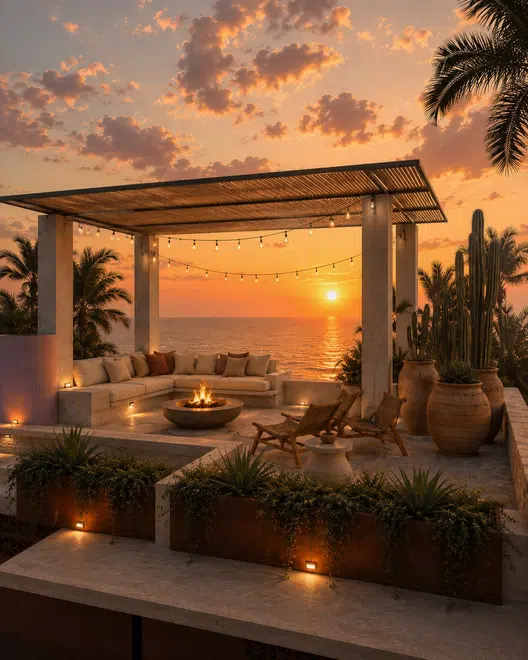 Casa Acapulco: pérgola frente al mar al atardecer