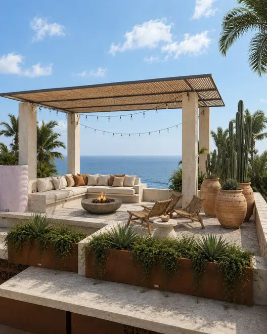 Casa Acapulco: terraza costera con fogatero y luz natural