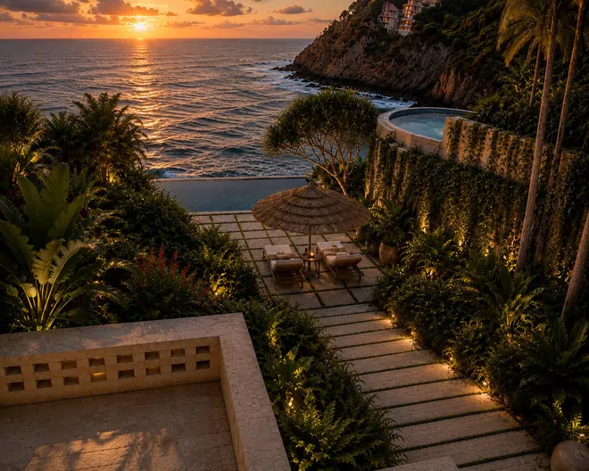 Casa Acapulco: terraza tropical frente al mar al atardecer