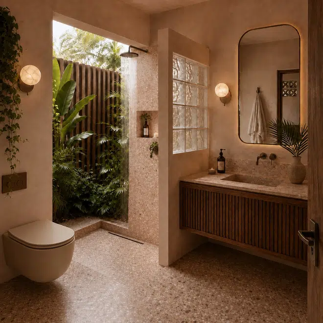 Casa Acapulco: concepto de baño tipo spa con vegetación y luz natural