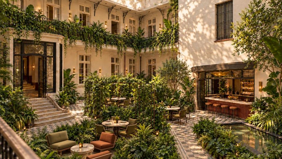 Ace Hotel CDMX courtyard concept with lush planting, seating, reflecting pool and outdoor bar