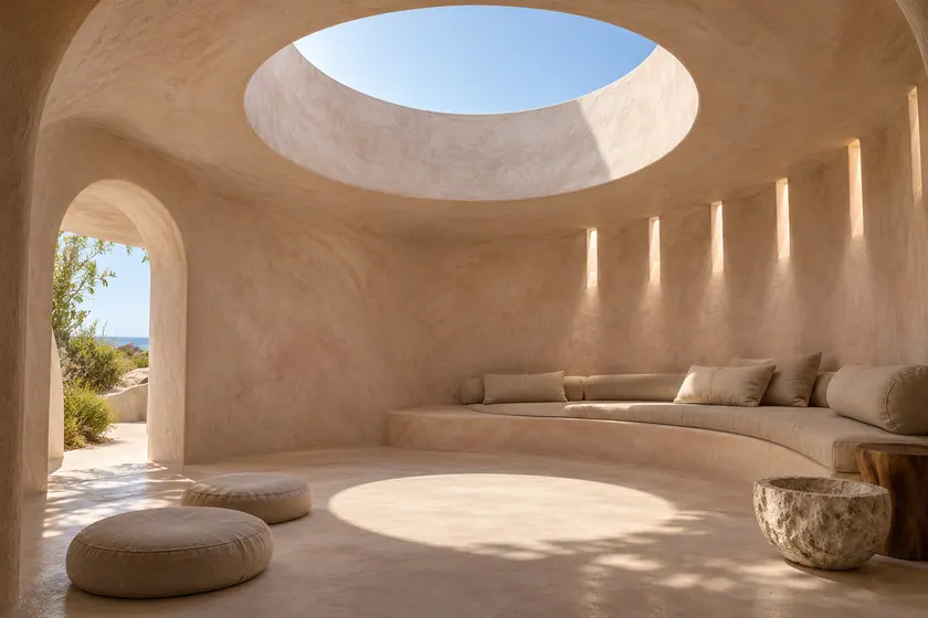 Araya Hotel: concepto de espacio de meditación con aplanados color almendra y luz natural