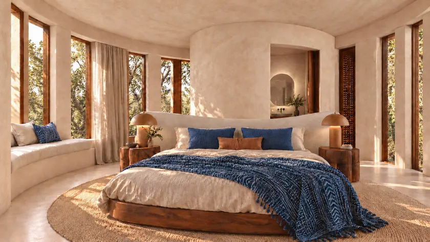Araya Hotel: concepto de recámara con aplanados en beige almendra