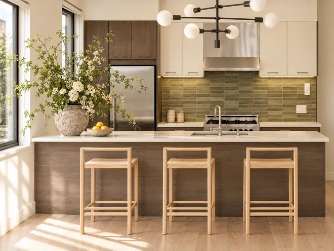 Grove Street Residences: Green tile kitchen with oak stools and urn