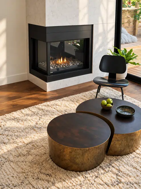 Grove Street Residences: Grove Street fireplace and brass tables 4