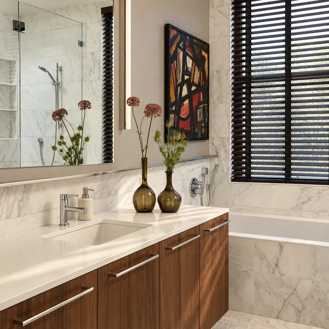 Grove Street Residences: Refined walnut bathroom in soft daylight 3