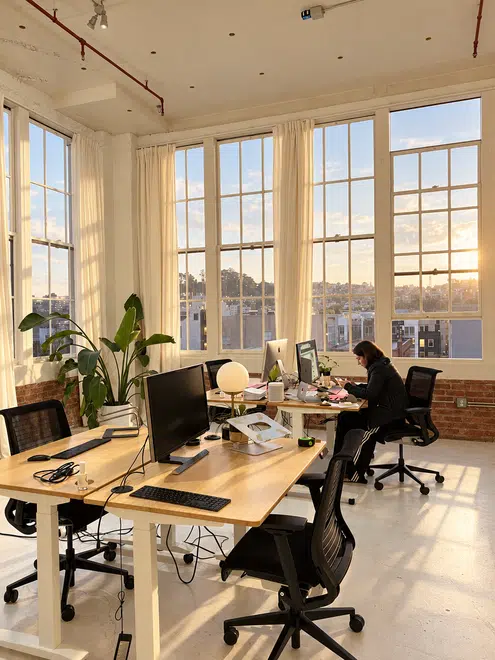 Oficinas Symbiome: oficinas iluminadas con vista a la ciudad